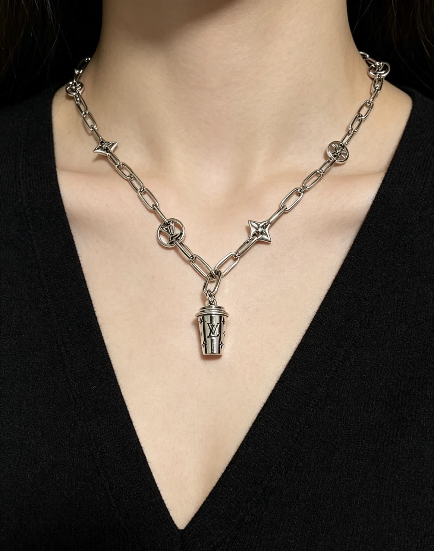Louis Vuitton Silver Chain Necklace with Logo Charms